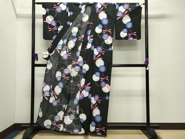 平和屋着物∴夏物 浴衣 トンボ 黒地 綿 逸品 CABD9538gh