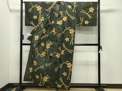 平和屋着物∴夏物 浴衣 トンボ 芝草花文 綿 逸品 CABD9545gh