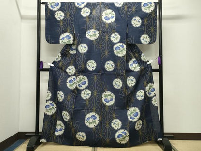 平和屋着物∴夏物　浴衣　雪輪麻の葉花文　さんび謹製　綿　逸品　CABD9548gh