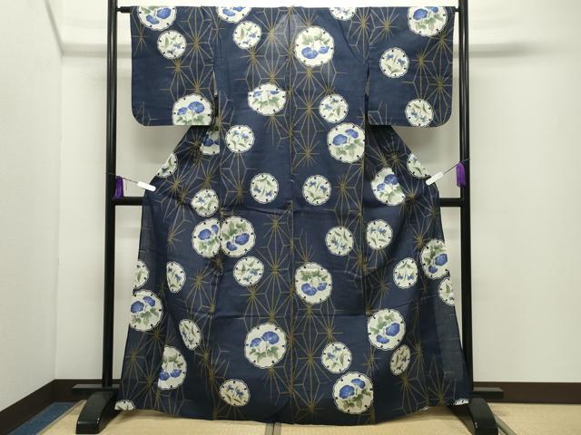 平和屋着物∴夏物　浴衣　雪輪麻の葉花文　さんび謹製　綿　逸品　CABD9548gh