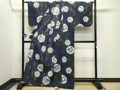 平和屋着物∴夏物　浴衣　雪輪麻の葉花文　さんび謹製　綿　逸品　CABD9548gh