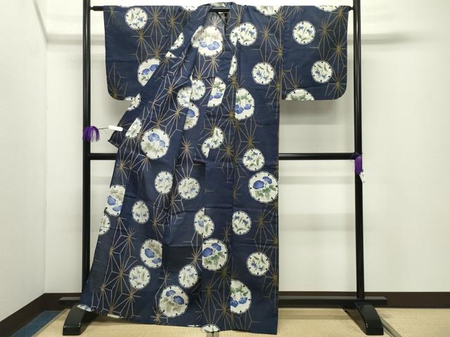 平和屋着物∴夏物　浴衣　雪輪麻の葉花文　さんび謹製　綿　逸品　CABD9548gh