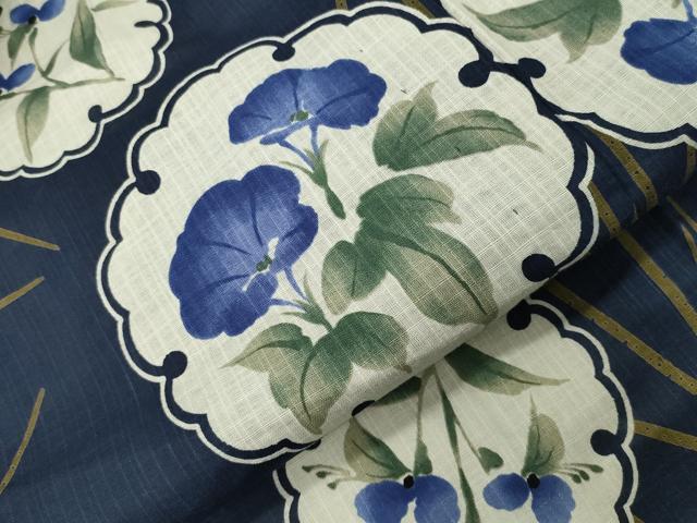 平和屋着物∴夏物　浴衣　雪輪麻の葉花文　さんび謹製　綿　逸品　CABD9548gh