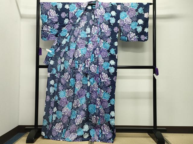 平和屋着物∴夏物 浴衣 牡丹花文 銀彩 綿 逸品 CABD9597gh