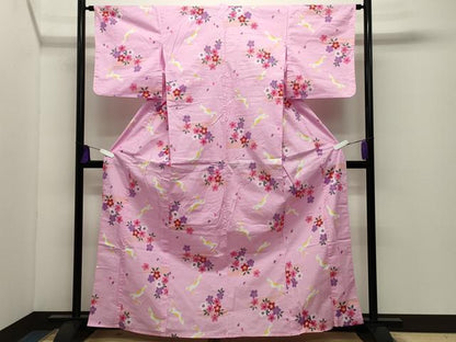 平和屋着物∴夏物 浴衣 跳兎 舞桜文 綿 逸品 CABD9598gh