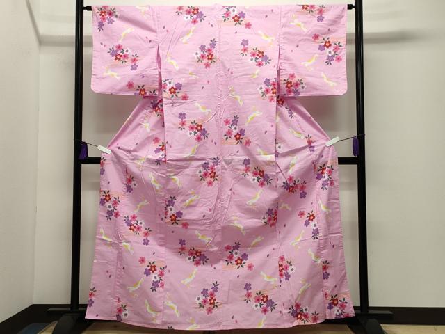 平和屋着物∴夏物 浴衣 跳兎 舞桜文 綿 逸品 CABD9598gh