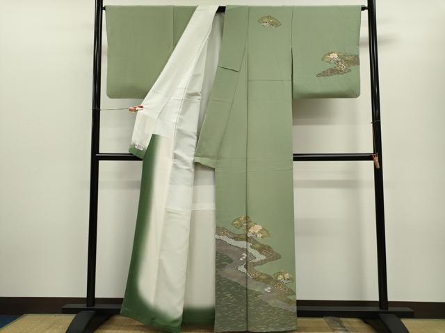 平和屋着物▼訪問着　駒刺繍　地紙道長草花文　金彩　やまと謹製　正絹　逸品　CABD9613ze