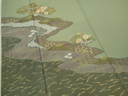 平和屋着物▼訪問着　駒刺繍　地紙道長草花文　金彩　やまと謹製　正絹　逸品　CABD9613ze