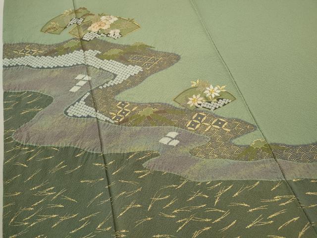 平和屋着物▼訪問着　駒刺繍　地紙道長草花文　金彩　やまと謹製　正絹　逸品　CABD9613ze