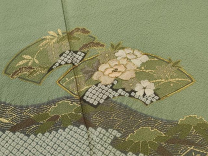 平和屋着物▼訪問着　駒刺繍　地紙道長草花文　金彩　やまと謹製　正絹　逸品　CABD9613ze