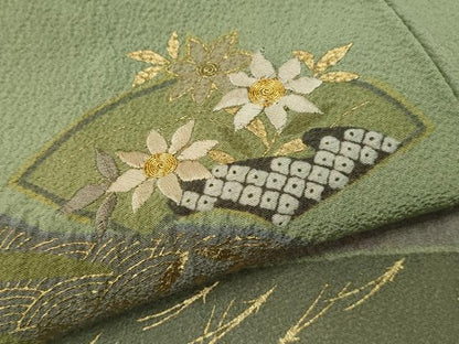 平和屋着物▼訪問着　駒刺繍　地紙道長草花文　金彩　やまと謹製　正絹　逸品　CABD9613ze