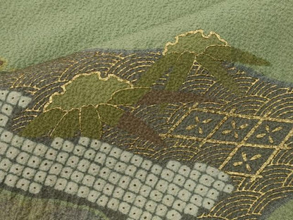 平和屋着物▼訪問着　駒刺繍　地紙道長草花文　金彩　やまと謹製　正絹　逸品　CABD9613ze
