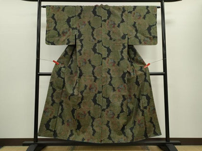 平和屋着物■上質な紬　絵皿更紗吉祥花文　黒地　正絹　逸品　未使用　CABD9659ze