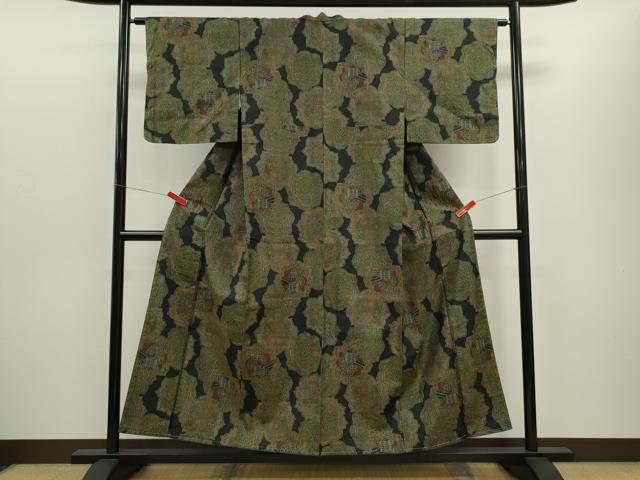 平和屋着物■上質な紬　絵皿更紗吉祥花文　黒地　正絹　逸品　未使用　CABD9659ze
