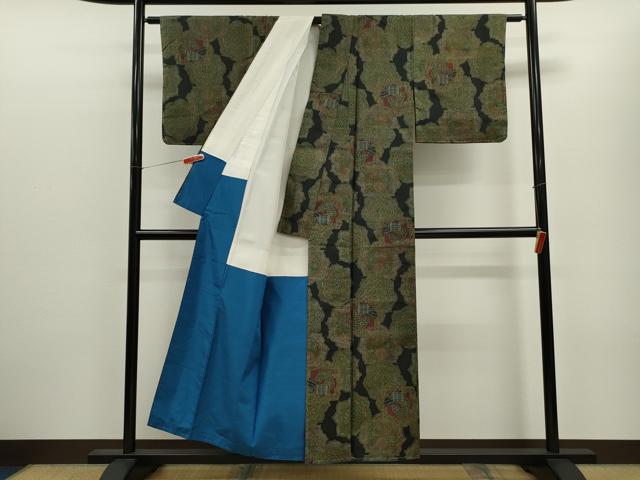 平和屋着物■上質な紬　絵皿更紗吉祥花文　黒地　正絹　逸品　未使用　CABD9659ze