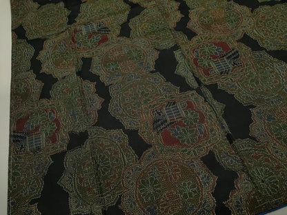 平和屋着物■上質な紬　絵皿更紗吉祥花文　黒地　正絹　逸品　未使用　CABD9659ze