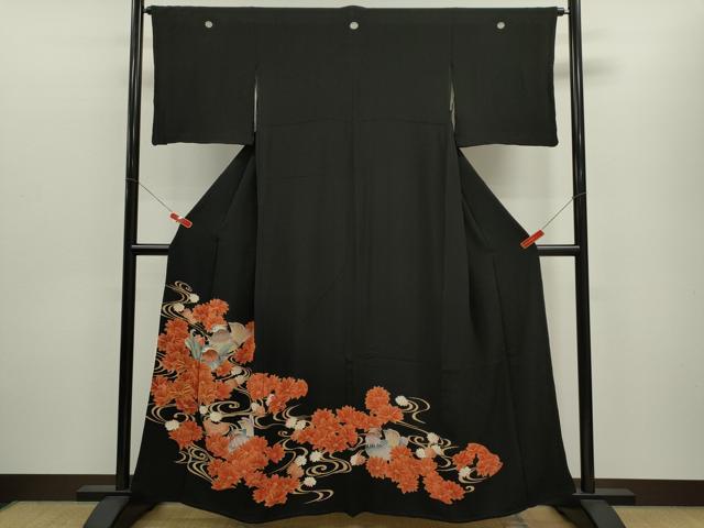 平和屋着物■豪華黒留袖　駒刺繍　鴛鴦流水草花文　金銀彩　正絹　逸品　CABD9667ze