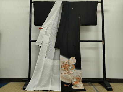 平和屋着物■豪華黒留袖　ロング丈　駒刺繍　鼓飛鶴花文　暈し染め　金彩　正絹　逸品　CABD9732ze
