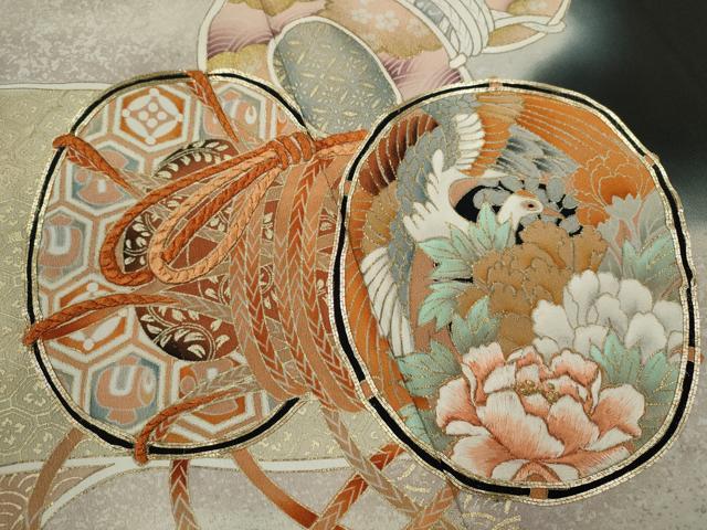平和屋着物■豪華黒留袖　ロング丈　駒刺繍　鼓飛鶴花文　暈し染め　金彩　正絹　逸品　CABD9732ze