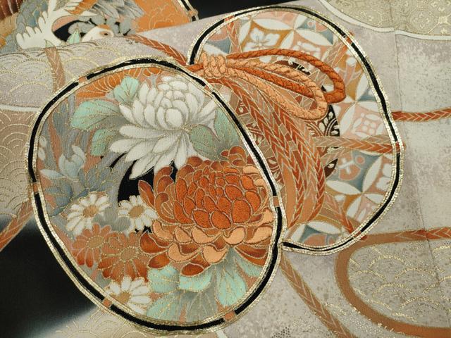 平和屋着物■豪華黒留袖　ロング丈　駒刺繍　鼓飛鶴花文　暈し染め　金彩　正絹　逸品　CABD9732ze