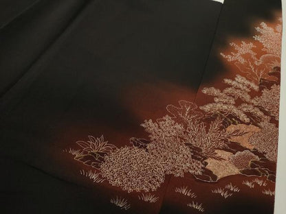 平和屋着物■豪華黒留袖　刺繍　風景文　暈し染め　金糸　金彩　正絹　逸品　CABD9734ze