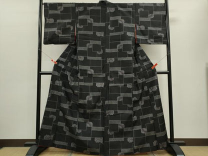 平和屋着物■上質な紬 吉祥花文 黒地 正絹 逸品 CABD9794ze
