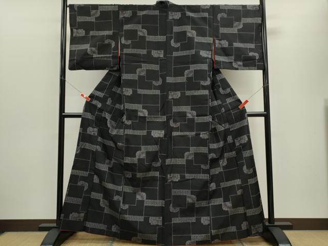 平和屋着物■上質な紬 吉祥花文 黒地 正絹 逸品 CABD9794ze