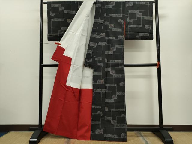 平和屋着物■上質な紬 吉祥花文 黒地 正絹 逸品 CABD9794ze