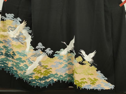 平和屋着物■豪華黒留袖 駒刺繍 飛鶴枝松文 金彩 正絹 逸品 CABD9797ze