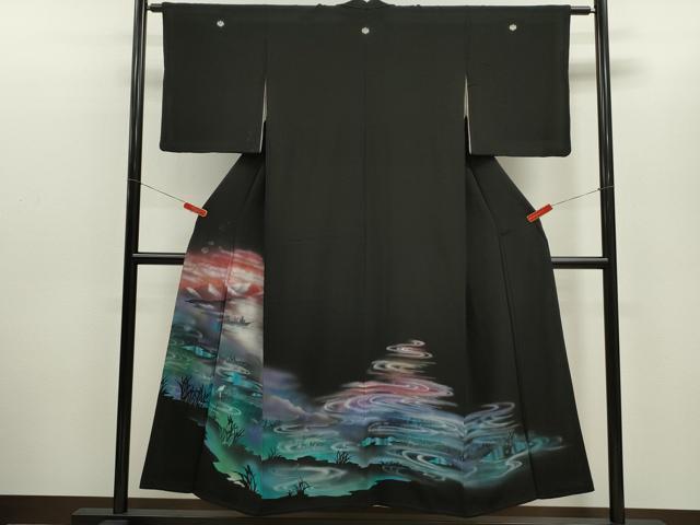 平和屋着物■豪華黒留袖　水辺人物風景文　暈し染め　金銀彩　正絹　逸品　CABD9896ze