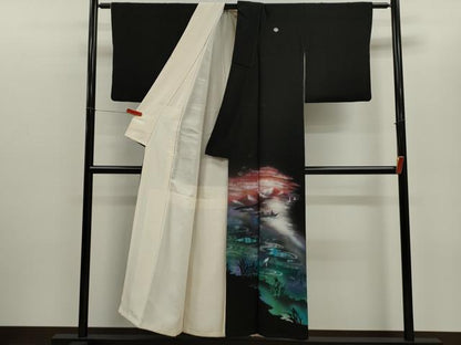 平和屋着物■豪華黒留袖　水辺人物風景文　暈し染め　金銀彩　正絹　逸品　CABD9896ze