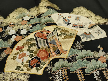 平和屋着物■豪華黒留袖　駒刺繍　地紙重ね束ね熨斗吉祥花文　金彩　鈴乃屋扱い　正絹　逸品　CABD9959ze