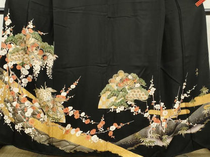 平和屋着物■豪華黒留袖　作家物　駒刺繍　松竹梅地紙草花文　金彩　正絹　逸品　CABD9961ze
