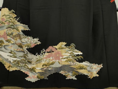 平和屋着物■豪華黒留袖 駒刺繍 孔雀風景花文 金彩 正絹 逸品 CABD9974ze