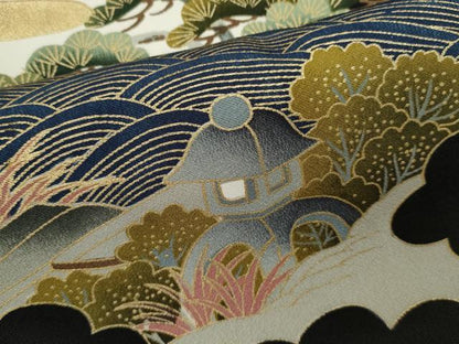 平和屋着物■豪華黒留袖 駒刺繍 孔雀風景花文 金彩 正絹 逸品 CABD9974ze