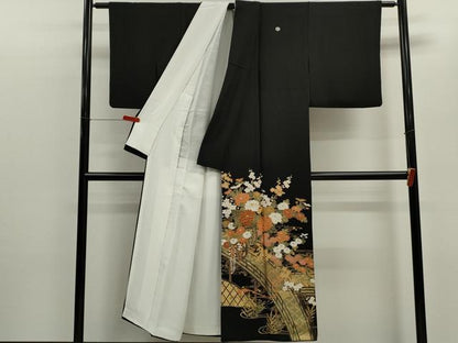 平和屋着物■豪華黒留袖　駒刺繍　松竹梅渡橋花車文　金彩　正絹　逸品　CABD9976ze