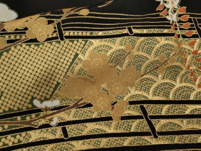 平和屋着物■豪華黒留袖　駒刺繍　松竹梅渡橋花車文　金彩　正絹　逸品　CABD9976ze