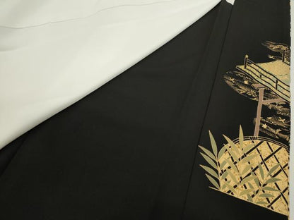 平和屋着物■豪華黒留袖　駒刺繍　松竹梅渡橋花車文　金彩　正絹　逸品　CABD9976ze