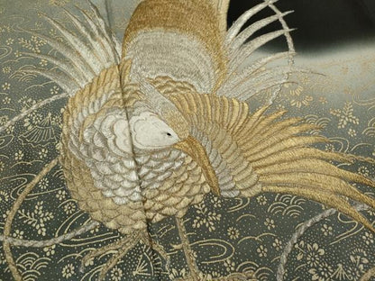 平和屋着物■豪華黒留袖　刺繍　尾長鳥草花紐文　暈し染め　金彩　正絹　逸品　CABD9984ze