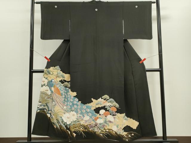 平和屋着物■豪華黒留袖 刺繍 孔雀草花文 金彩 正絹 逸品 CABD9987ze