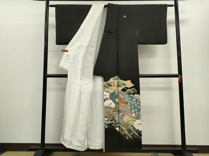 平和屋着物■豪華黒留袖 刺繍 孔雀草花文 金彩 正絹 逸品 CABD9987ze