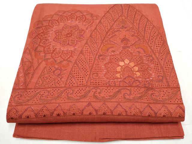 平和屋着物●中国三大刺繍　スワトウ相良刺繍　総刺繍　太鼓柄袋帯　紬地　更紗花文　正絹　逸品　未使用　CABE0015hy