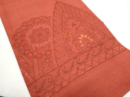 平和屋着物●中国三大刺繍　スワトウ相良刺繍　総刺繍　太鼓柄袋帯　紬地　更紗花文　正絹　逸品　未使用　CABE0015hy