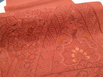 平和屋着物●中国三大刺繍　スワトウ相良刺繍　総刺繍　太鼓柄袋帯　紬地　更紗花文　正絹　逸品　未使用　CABE0015hy