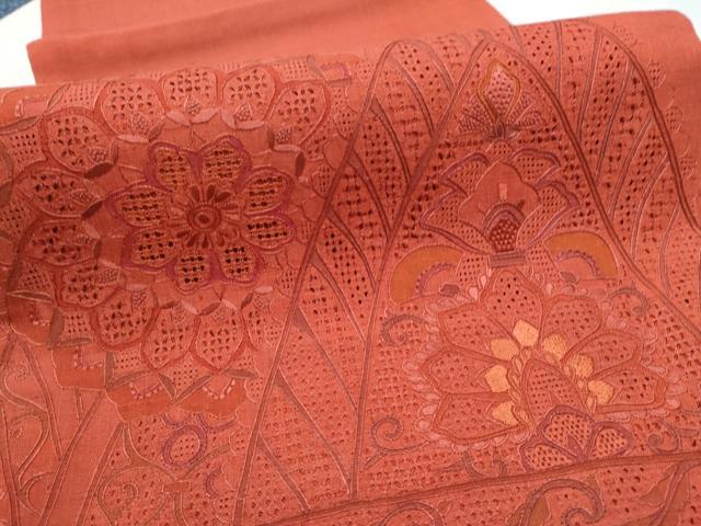 平和屋着物●中国三大刺繍　スワトウ相良刺繍　総刺繍　太鼓柄袋帯　紬地　更紗花文　正絹　逸品　未使用　CABE0015hy