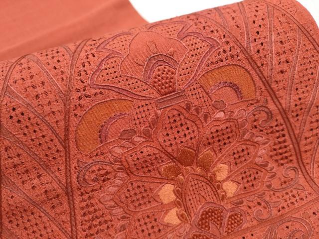 平和屋着物●中国三大刺繍　スワトウ相良刺繍　総刺繍　太鼓柄袋帯　紬地　更紗花文　正絹　逸品　未使用　CABE0015hy