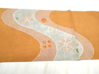平和屋着物●両面　太鼓柄袋帯　紬地　絞り　舞花文　正絹　逸品　CABE0032hy