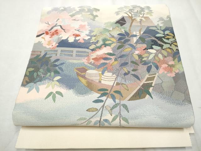 平和屋着物●爪掻き本綴れ　八寸名古屋帯　船　風景草花文　金銀糸　正絹　逸品　CABE0040hy