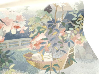 平和屋着物●爪掻き本綴れ　八寸名古屋帯　船　風景草花文　金銀糸　正絹　逸品　CABE0040hy