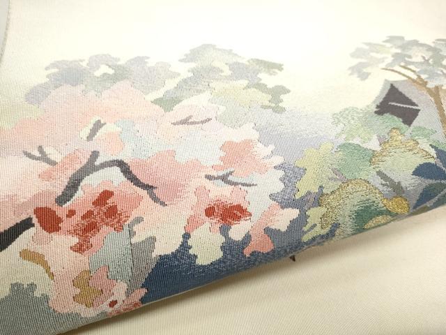 平和屋着物●爪掻き本綴れ　八寸名古屋帯　船　風景草花文　金銀糸　正絹　逸品　CABE0040hy